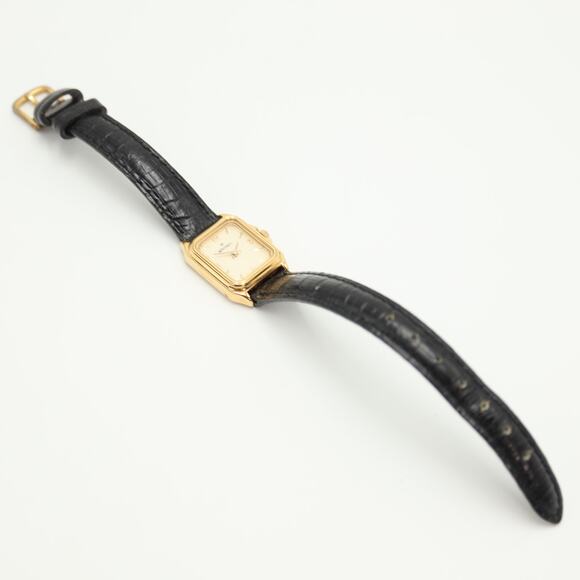 Vintage Montreux Swiss 19mm Gold Tone Tank Watch Black Leather w New Battery main image 9